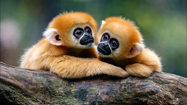 Two cuddly monkeys sharing a moment with lush background. 