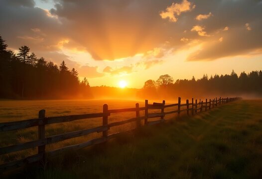 Scenic countryside sunset landscape with glowing orange sky, wooden fence, rural field, and silhouette trees creating warm light and peaceful outdoor nature background for tranquil concepts