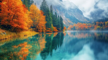 A tranquil lakeside view with autumn trees surrounding the water, reflecting their colors on the surface