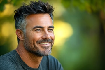 Fototapeta premium Green solid background. Pattern of style for aging men. Elegant men's undercut haircut - midlife white man with black hair. A glowing man radiating happiness and confidence.