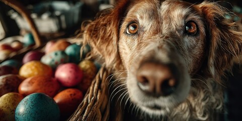 Cheerful Dog with Colorful Easter Eggs