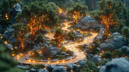 Winding path through mystical forest illuminated by warm lights.  A serene and enchanting scene with a curving pathway, nestled within a lush woodland environment, highlighted by warm, 