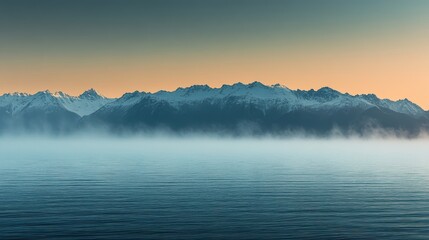 Obraz premium A misty morning fog rolling over a lake, with distant mountains peeking through the haze