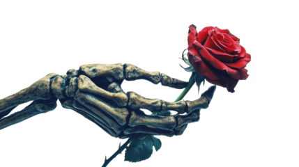 Red rose in bony hand cut out secluded on a white surface