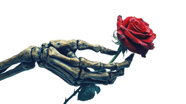 Red rose in bony hand cut out secluded on a white surface - Powered by Adobe