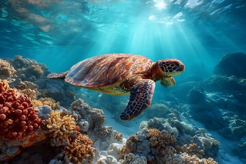 Obraz premium Sea turtles swim calmly over a colorful coral reef, as light filters through the water.