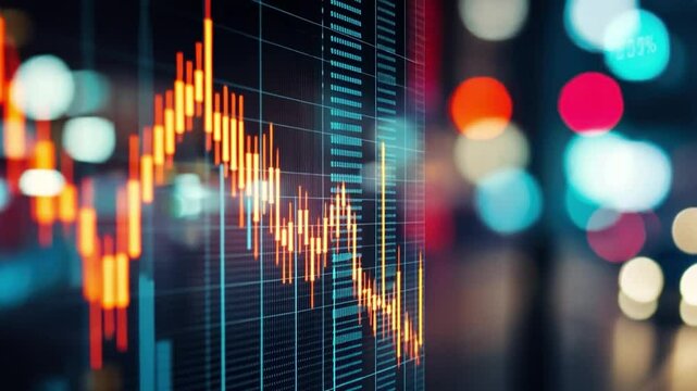 Digital stock market chart showing fluctuating prices against blurred lights