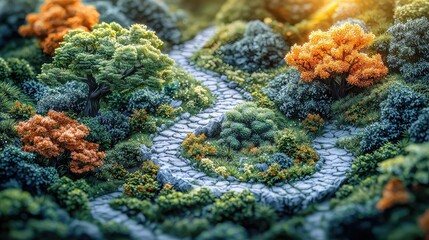 Winding stone path through a lush, autumnal garden