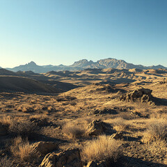 Desert Mountain Landscape – Majestic Rocky Peaks Under Clear Sky with Sand Dunes and Arid Terrain in a Breathtaking Natural View