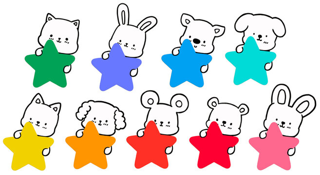 Star rating for kid set . Cute animal holding a star cartoon  illustration  . for tag name , rating , parents ,teacher , learning
