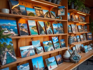 Colorful travel photographs displayed on wooden shelves in souvenir shop