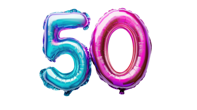 holographic color balloon letter 50 cut out isolated on a white surface