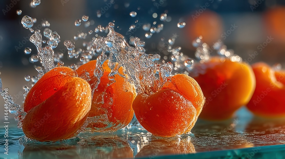 Poster Fresh apricots splashing in water with droplets creating a dynamic food scene.