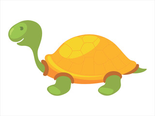 A cheerful cartoon turtle with a bright yellow shell. Sea turtle vector illustration. Cute Tropical cartoon clipart, animal in flat style. Underwater creatures, ocean animals, marine life concept. 