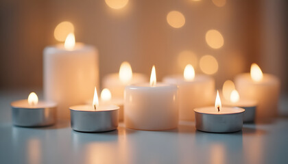 Burning Candle with Warm Bokeh Lights on Reflective Surface &ndash; Peaceful, Spiritual Atmosphere
