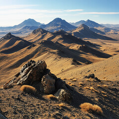 Desert Mountain Landscape – Majestic Rocky Peaks Under Clear Sky with Sand Dunes and Arid Terrain in a Breathtaking Natural View