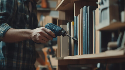 Carpenter Using a Drill in Workshop