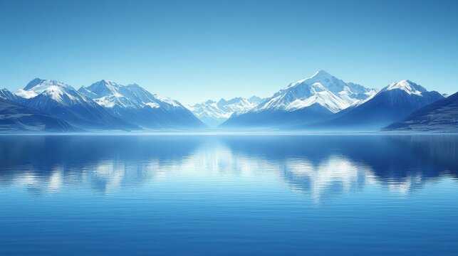 A peaceful lake surrounded by snow-capped mountains with a clear blue sky reflecting on the water - Powered by Adobe