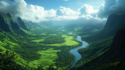 A lush green valley with a winding river, surrounded by steep cliffs and distant mountains