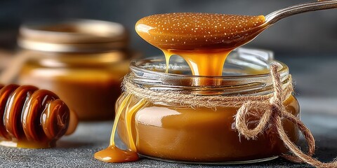 Close-Up of Rich Dulce de Leche Drizzling from a Spoon