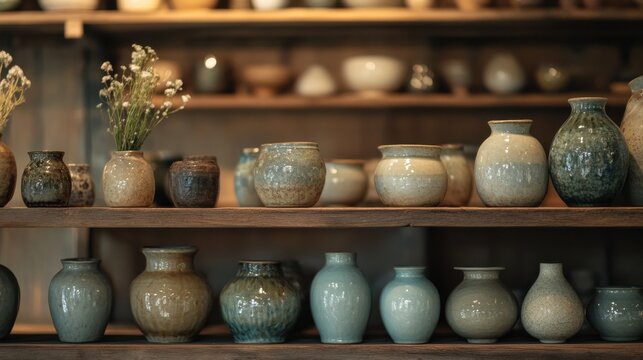 A collection of glazed ceramic pots and vases in various shapes and sizes, carefully displayed on a rustic wooden shelf, with soft ambient lighting. 2b
