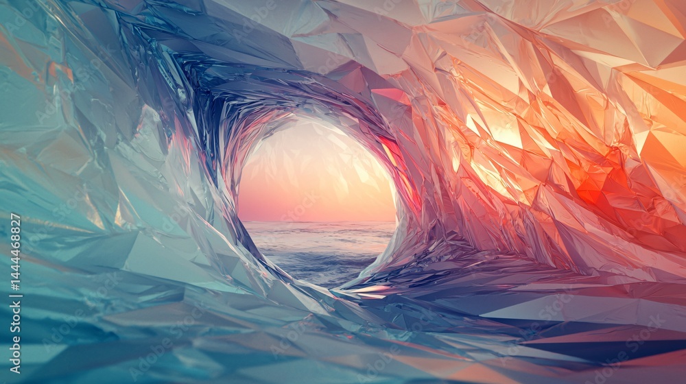 Poster dramatic tunnel in ice with striking contrast and abstract hallucinations creating a stunning visual