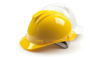 Fototapeta premium Yellow and White Hard Hats Protective Headgear on a White Background