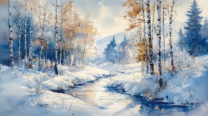 Winter forest scene with a creek. Snowy landscape, tranquil, serene, and peaceful.  Birch trees, snow-covered, with pale tones