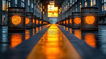 Row of barrels glowing, warehouse scene, perspective view