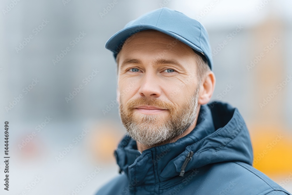 Poster portrait of construction worker in uniform with relaxed expression blurred background worker age rac
