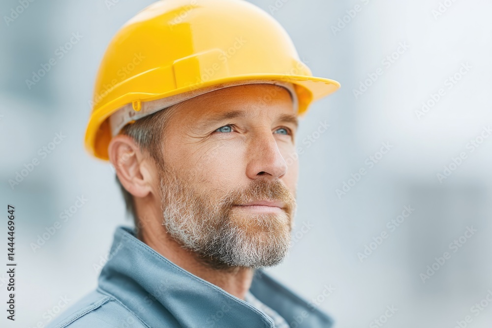 Poster portrait of construction worker in uniform with relaxed expression blurred background worker age rac