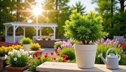 Lush green shrub in a ceramic pot placed next to a small watering can, in a garden center display with rows of colorful flowers and bright sunlight filtering through trees, Garden Center Sale