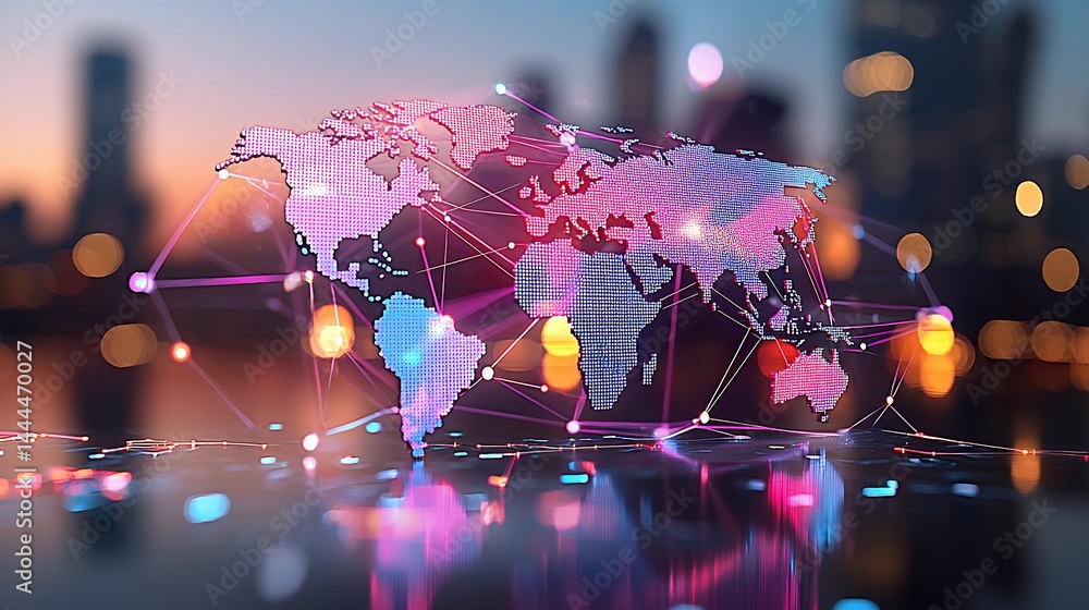 Poster abstract pixelated world map network glowing cityscape background