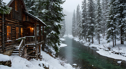 Cozy Winter Cabin By River Covered In Snow Among Tall Pine Trees