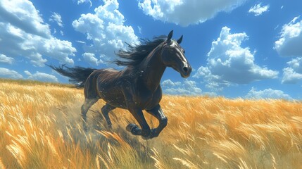 A wild horse galloping through a grassy plain under an expansive sky