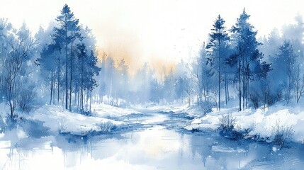 Winter landscape scene, serene frozen river flowing through a snowy forest, soft blue hues, tranquil atmosphere
