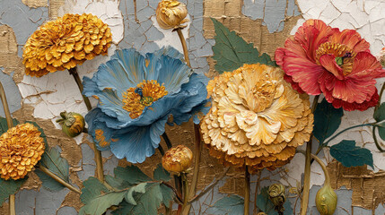 Colorful Floral Oil Painting with Gold Accents, Elegant Botanical Wall Art