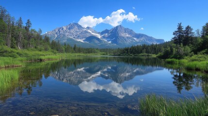 A quiet mountain lake with towering peaks reflected in the still water