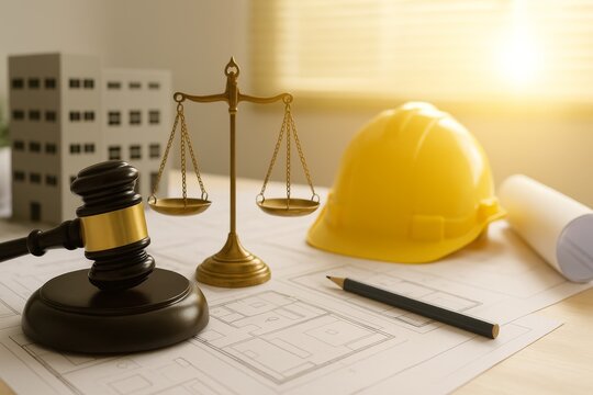 Construction Law Symbolism:  A gavel, scales of justice, blueprint, and hard hat lay arranged on a desk, evoking the legal intricacies and building regulations involved in construction projects.