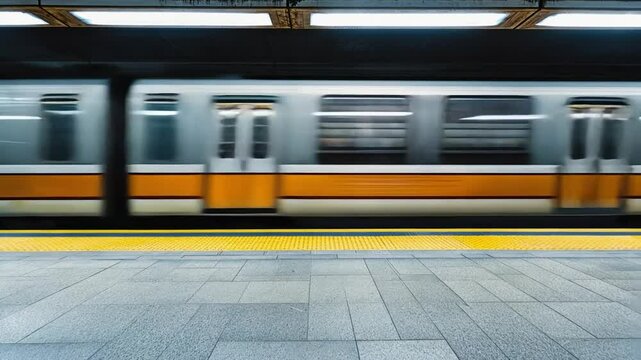 Subway train speeding past a deserted platform in an urban setting