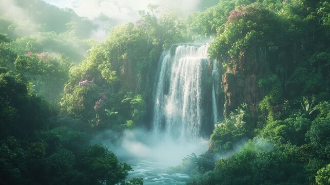 A misty waterfall surrounded by lush greenery, with soft light filtering through the mist - Powered by Adobe