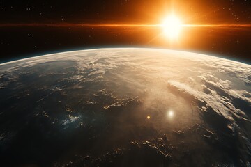 Ethereal Earth Sunrise, Orange Glowing Atmosphere, Detailed Clouds, Space View, Stars