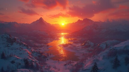 Winter landscape sunrise over snow-capped mountains, reflecting in a serene lake. Vivid colors of sunset paint the sky and peaks