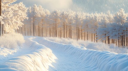 A quiet, snow-covered path winding through a forest of tall, frosty pines