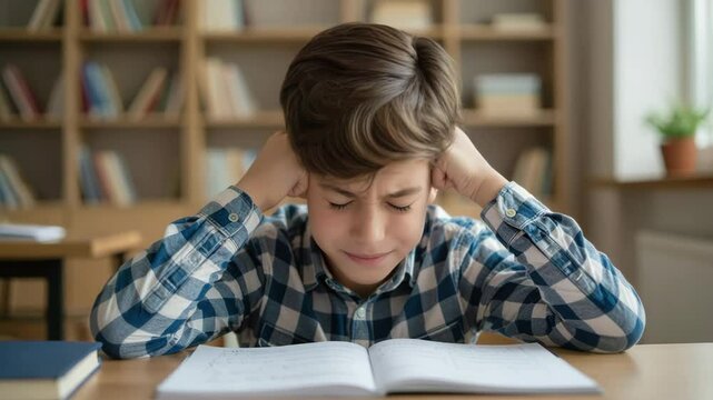 Tired schoolboy struggling with homework in library setting