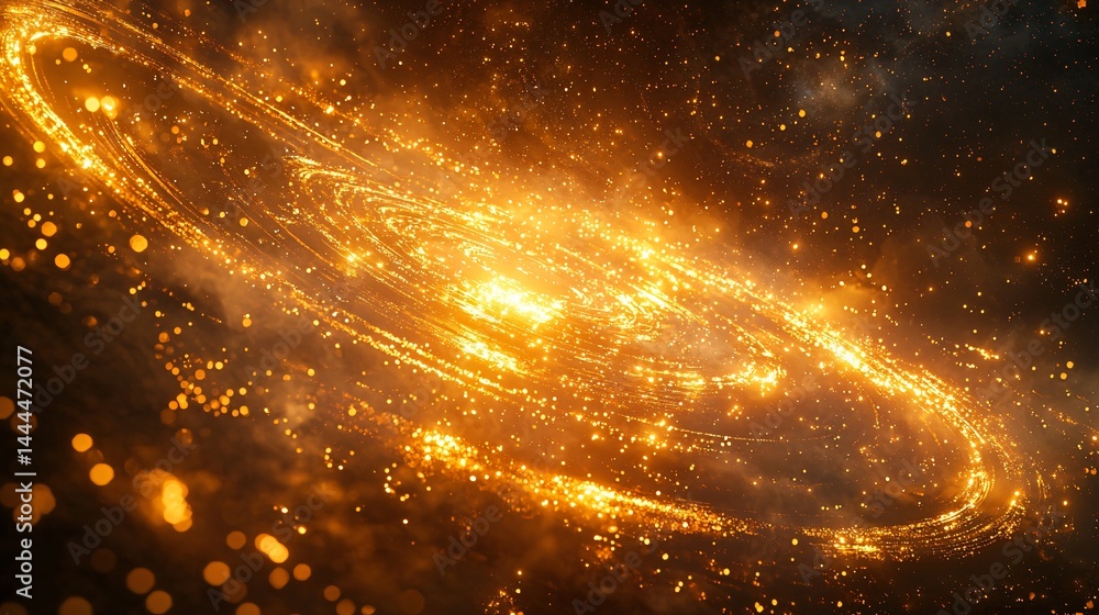 Poster mysterious black hole in the sky surrounded by celestial energy fields and golden rings creating a c