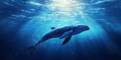 Fototapeta premium Whale breaching in a clean ocean, conservation success.