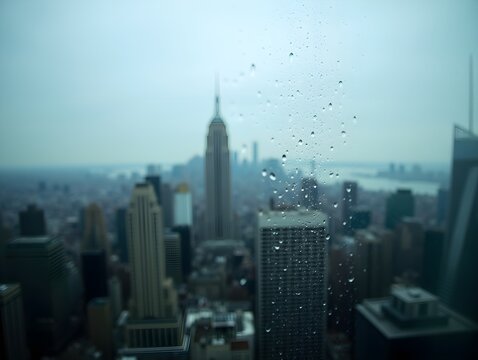 Fototapeta City skyline seen through a rain-covered window. Raindrops trickle down the glass, blurring urban buildings in the distance. Moody, overcast weather sets a somber tone.