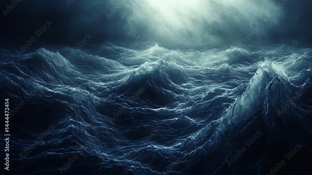 Poster dark ocean waves crashing with powerful force under a dreamlike atmosphere illuminated by a mysterio