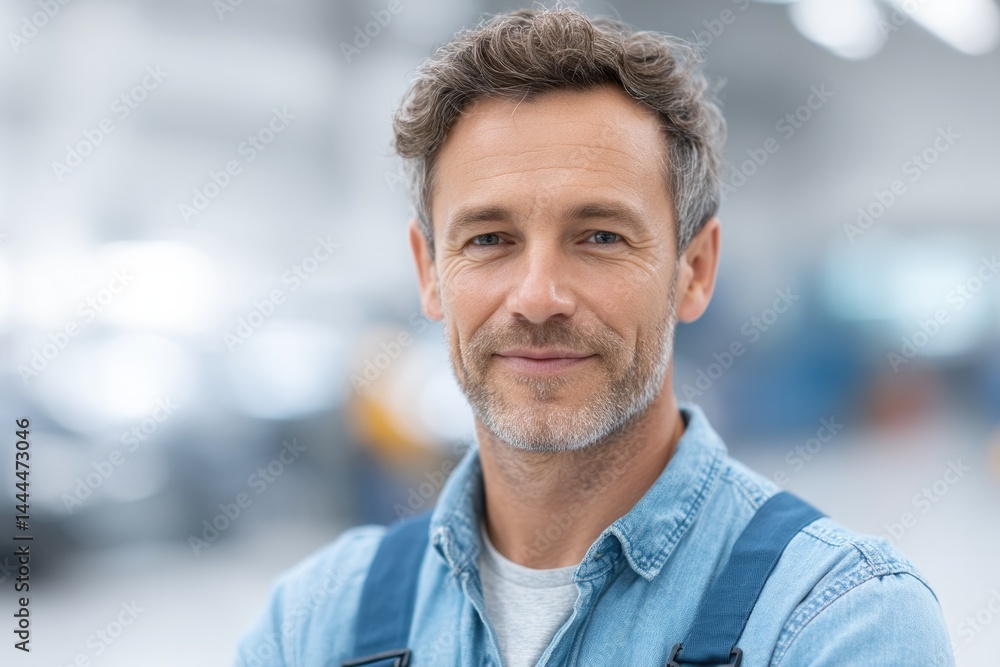 Poster portrait of auto mechanic at work with blurred background and minimalistic composition